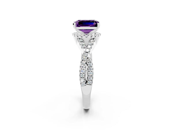 White gold Emerald Cut Amethyst  Halo Twist Band Solitaire Prong Setting Ring