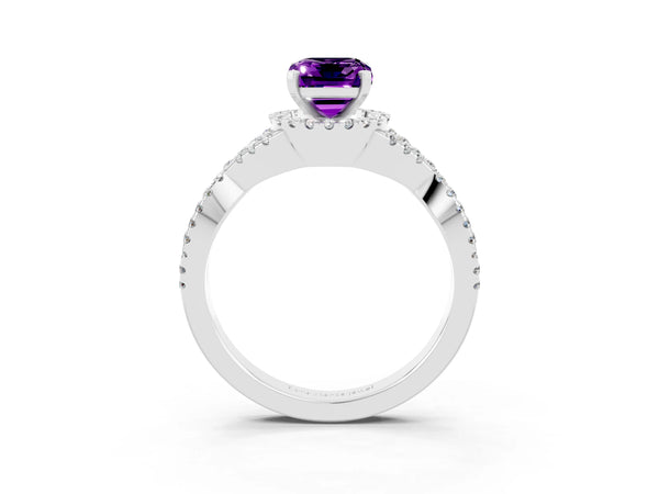 White gold Emerald Cut Amethyst  Halo Twist Band Solitaire Prong Setting Ring