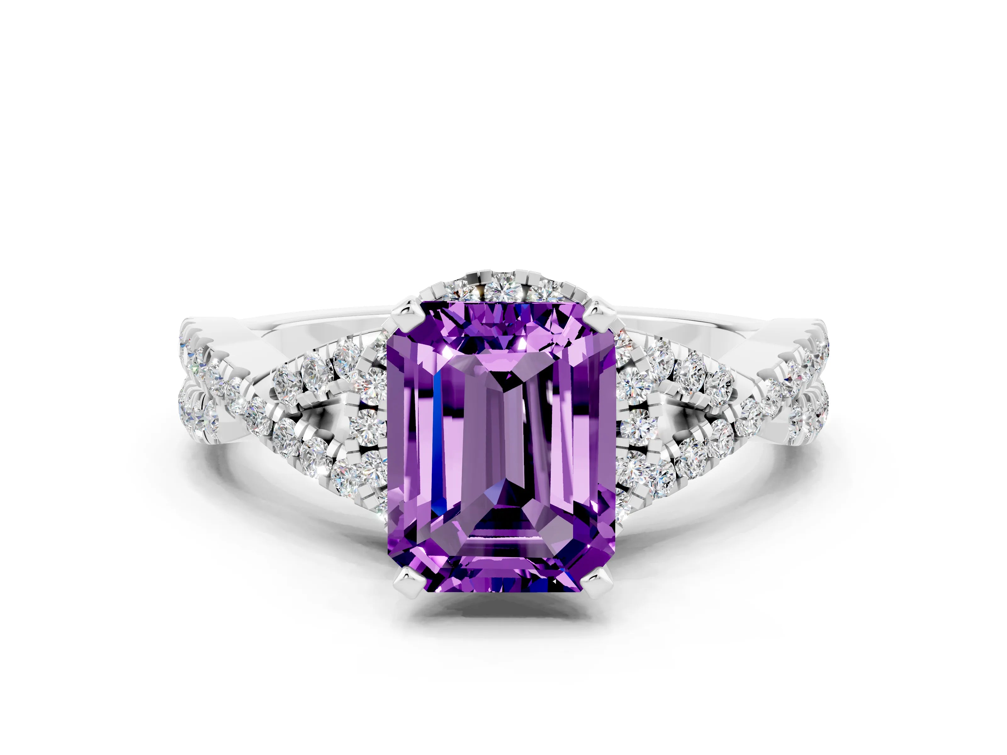 White gold Emerald Cut Amethyst Halo Twist Band Solitaire Prong Setting Ring