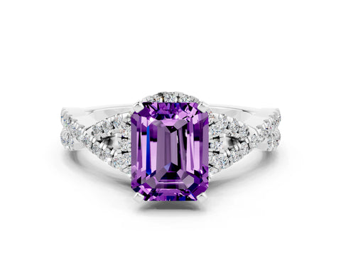 White gold Emerald Cut Amethyst Halo Twist Band Solitaire Prong Setting Ring