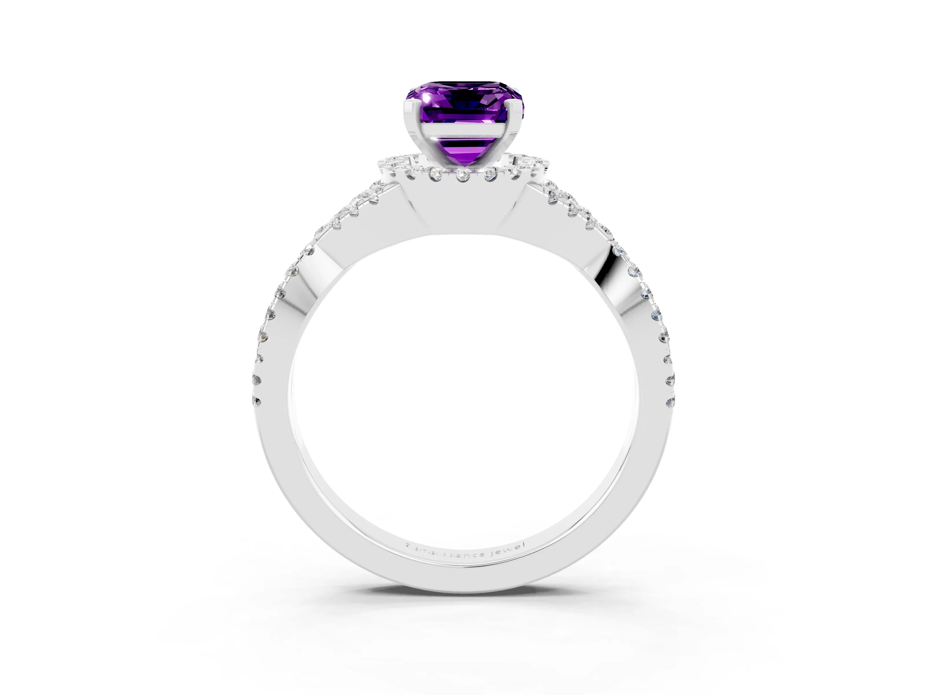 White gold Emerald Cut Amethyst Halo Twist Band Solitaire Prong Setting Ring_3