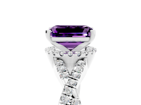 White gold Emerald Cut Amethyst Halo Twist Band Solitaire Prong Setting Ring_5