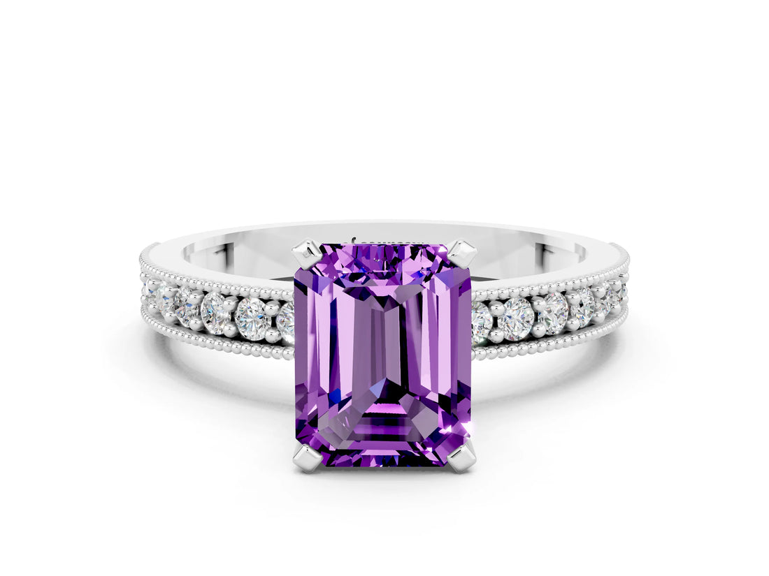 White gold Emerald Cut Amethyst Milgrain Pavé Engagement Ring with Four-Prong Setting_12