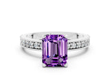 White gold Emerald Cut Amethyst Milgrain Pavé Engagement Ring with Four-Prong Setting_12