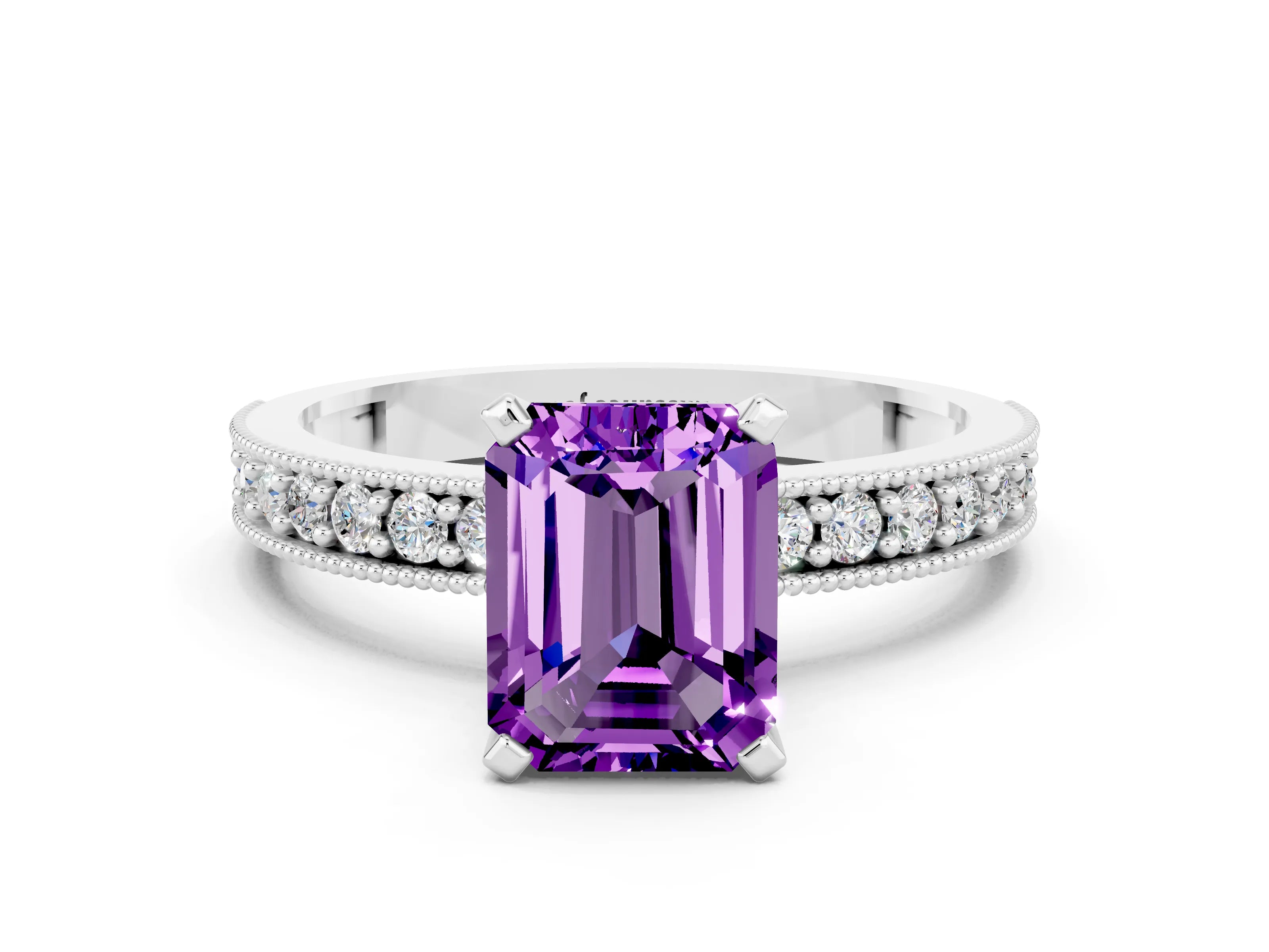 White gold Emerald Cut Amethyst Milgrain Pavé Engagement Ring with Four-Prong Setting_12