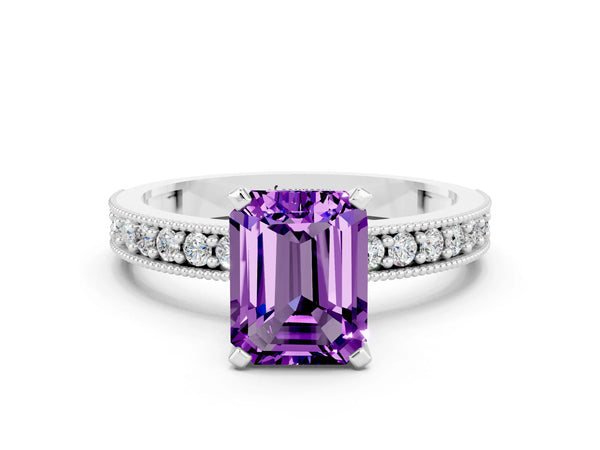 Silver Emerald Cut Amethyst Milgrain Pavé Engagement Ring with Four-Prong Setting