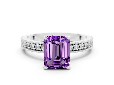 White gold Emerald Cut Amethyst Milgrain Pavé Engagement Ring with Four-Prong Setting_12