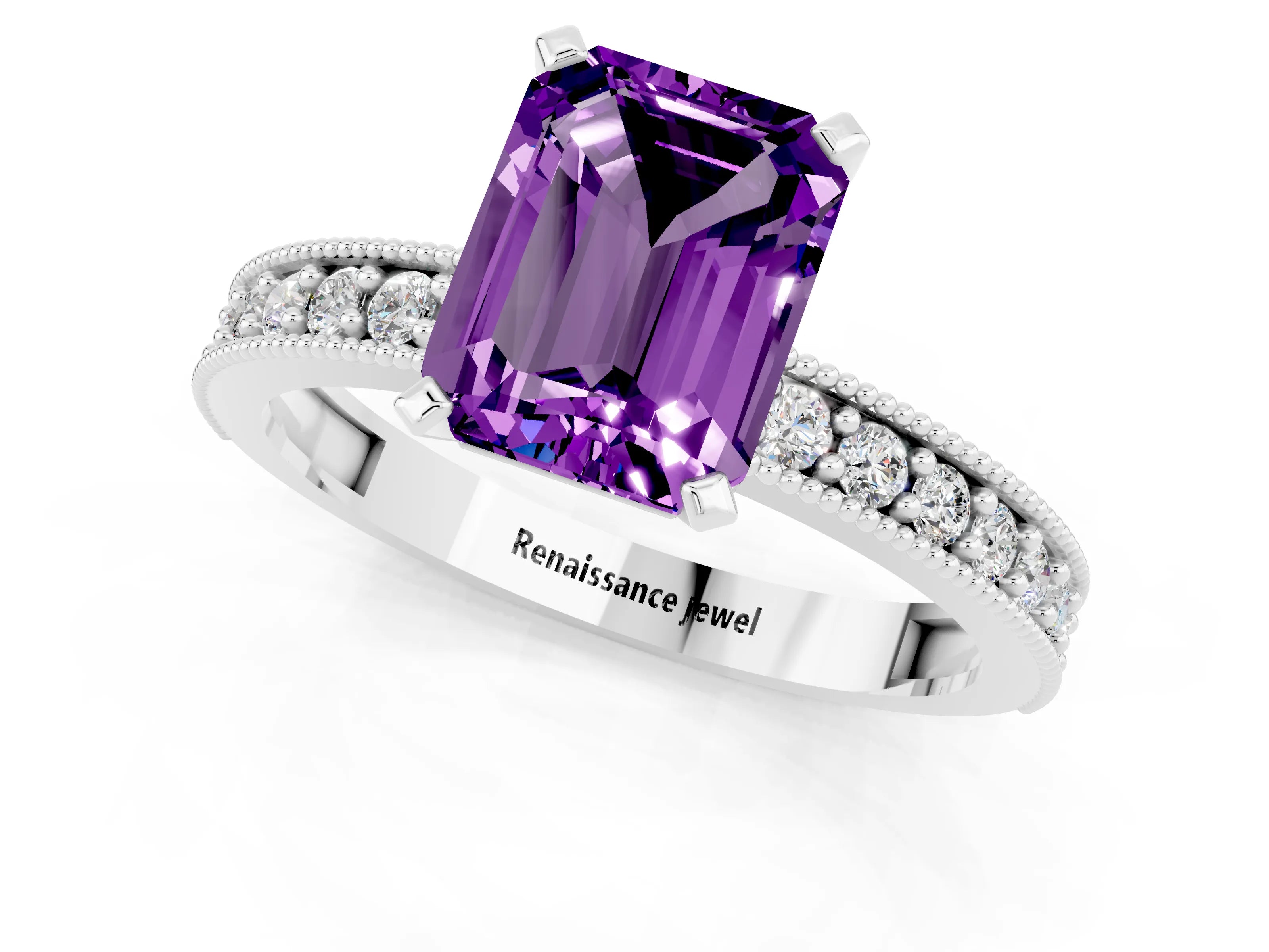 White gold Emerald Cut Amethyst Milgrain Pavé Engagement Ring with Four-Prong Setting_13