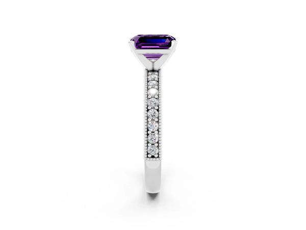 Silver Emerald Cut Amethyst Milgrain Pavé Engagement Ring with Four-Prong Setting