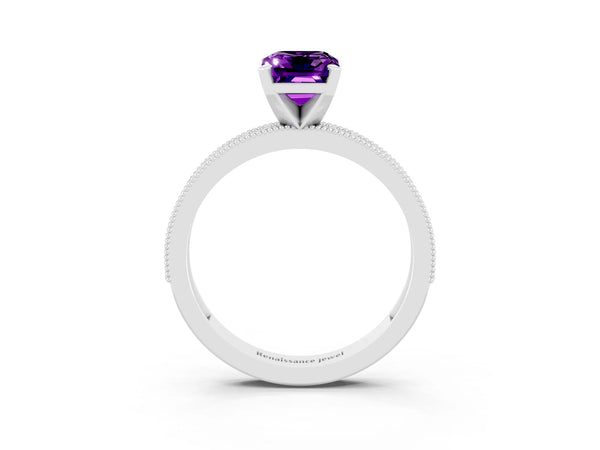 Platinum Emerald Cut Amethyst Milgrain Pavé Engagement Ring with Four-Prong Setting