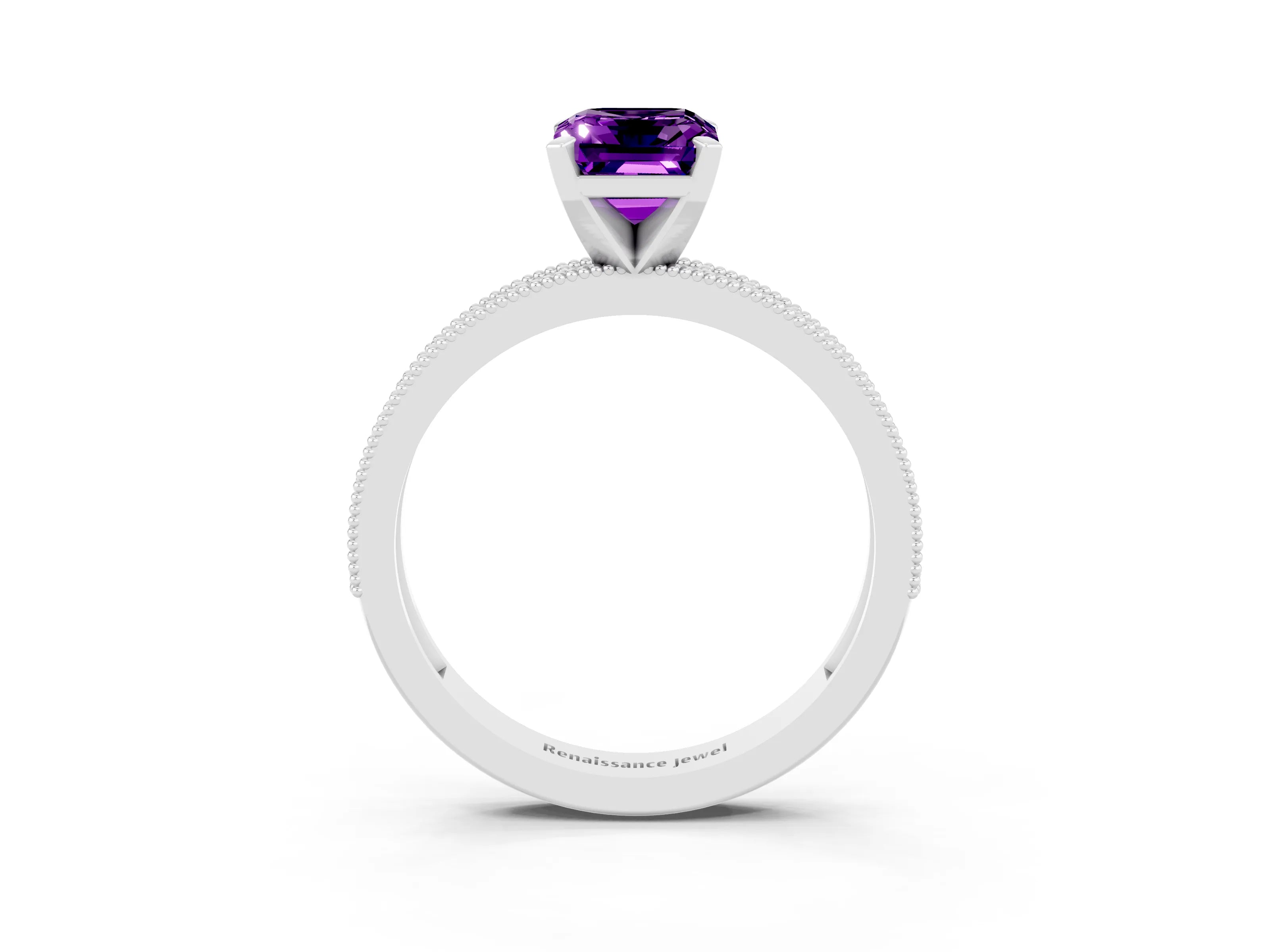 White gold Emerald Cut Amethyst Milgrain Pavé Engagement Ring with Four-Prong Setting_15