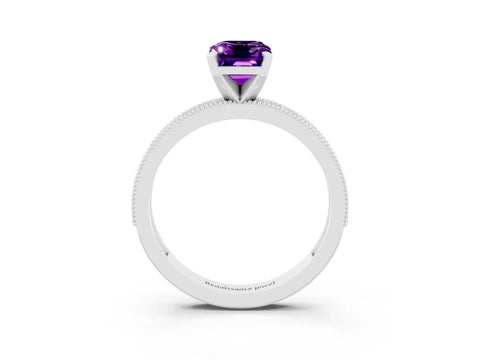 White gold Emerald Cut Amethyst Milgrain Pavé Engagement Ring with Four-Prong Setting_15