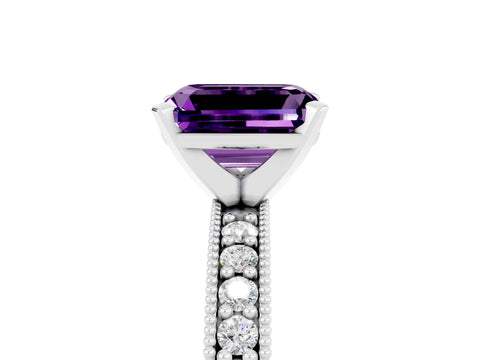 White gold Emerald Cut Amethyst Milgrain Pavé Engagement Ring with Four-Prong Setting_17
