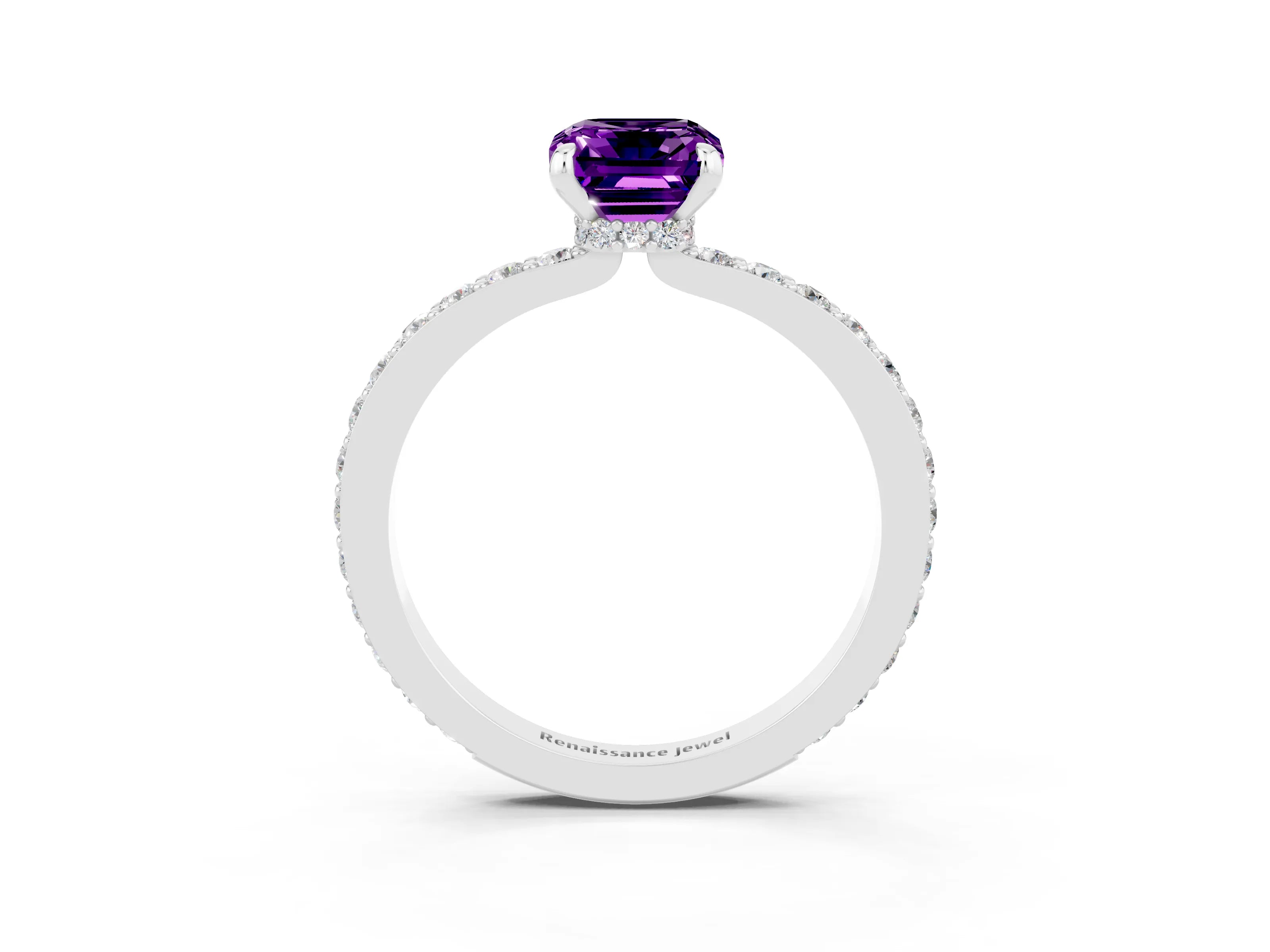 White gold Emerald Cut Amethyst Pavé Engagement Ring with Round  Accents and Prong Setting_27