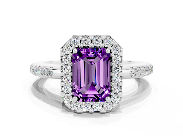 Platinum Emerald Cut Amethyst Pavé Halo Ring with Four-Prong Setting