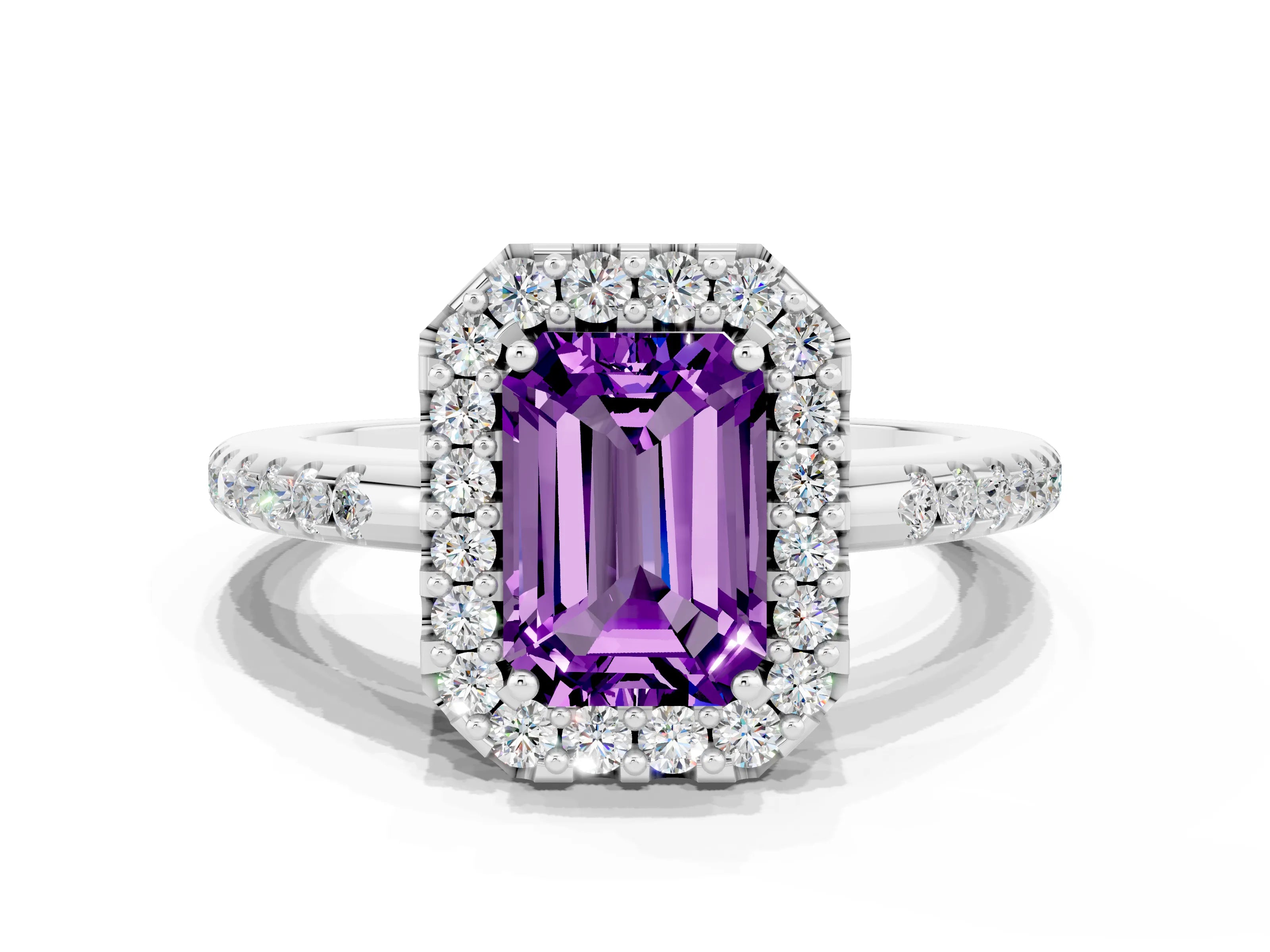 White gold Emerald Cut Amethyst Pavé Halo Ring with Four-Prong Setting_12