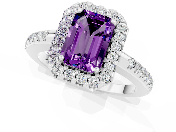 Platinum Emerald Cut Amethyst Pavé Halo Ring with Four-Prong Setting
