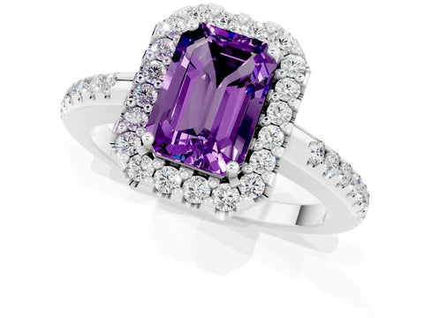 White gold Emerald Cut Amethyst Pavé Halo Ring with Four-Prong Setting_13