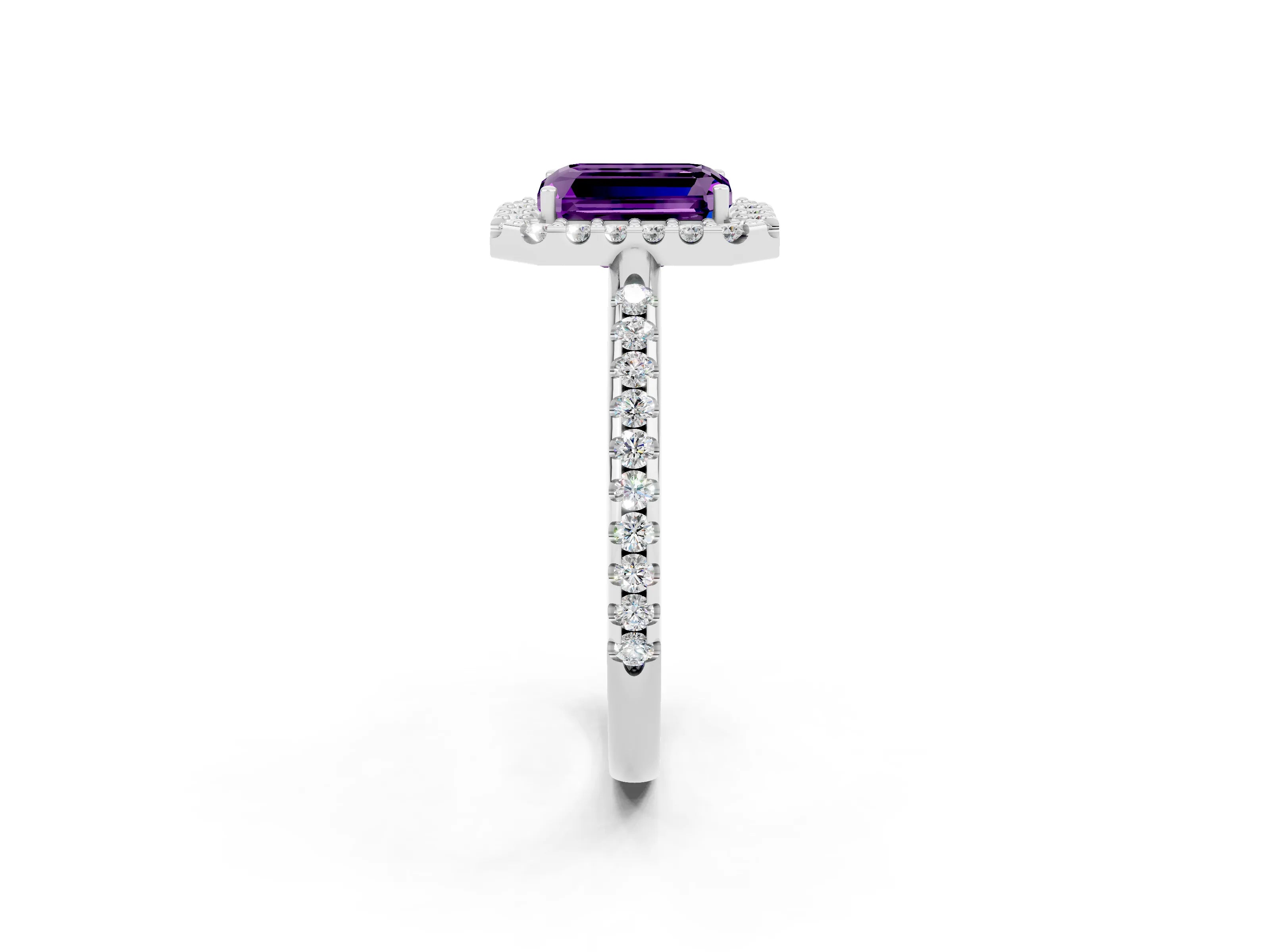 White gold Emerald Cut Amethyst Pavé Halo Ring with Four-Prong Setting_14