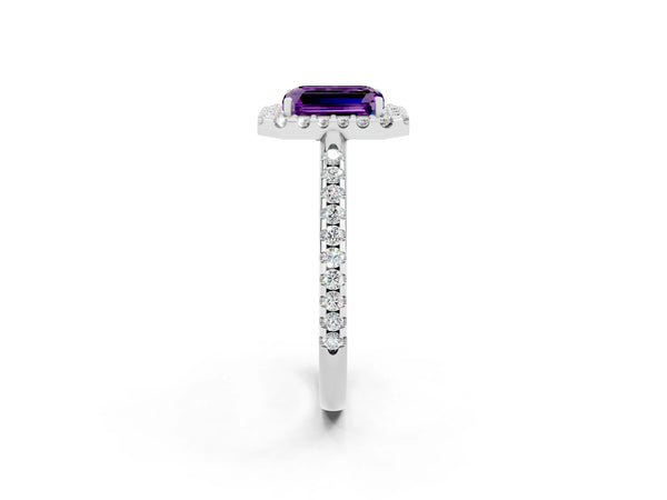 Platinum Emerald Cut Amethyst Pavé Halo Ring with Four-Prong Setting