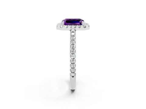 White gold Emerald Cut Amethyst Pavé Halo Ring with Four-Prong Setting_14