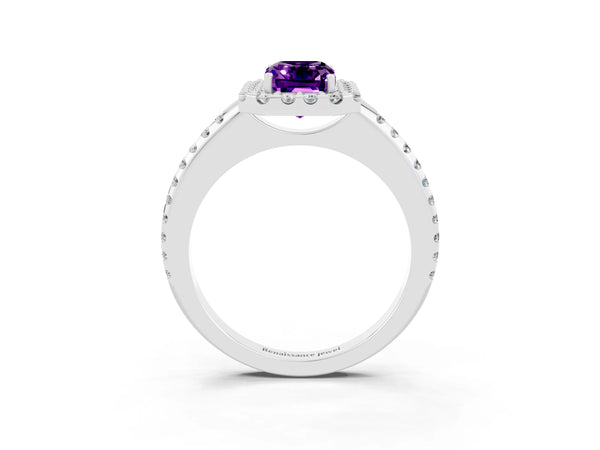 Platinum Emerald Cut Amethyst Pavé Halo Ring with Four-Prong Setting