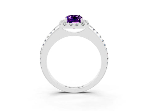 White gold Emerald Cut Amethyst Pavé Halo Ring with Four-Prong Setting_15