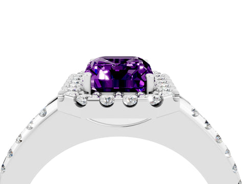 White gold Emerald Cut Amethyst Pavé Halo Ring with Four-Prong Setting_16