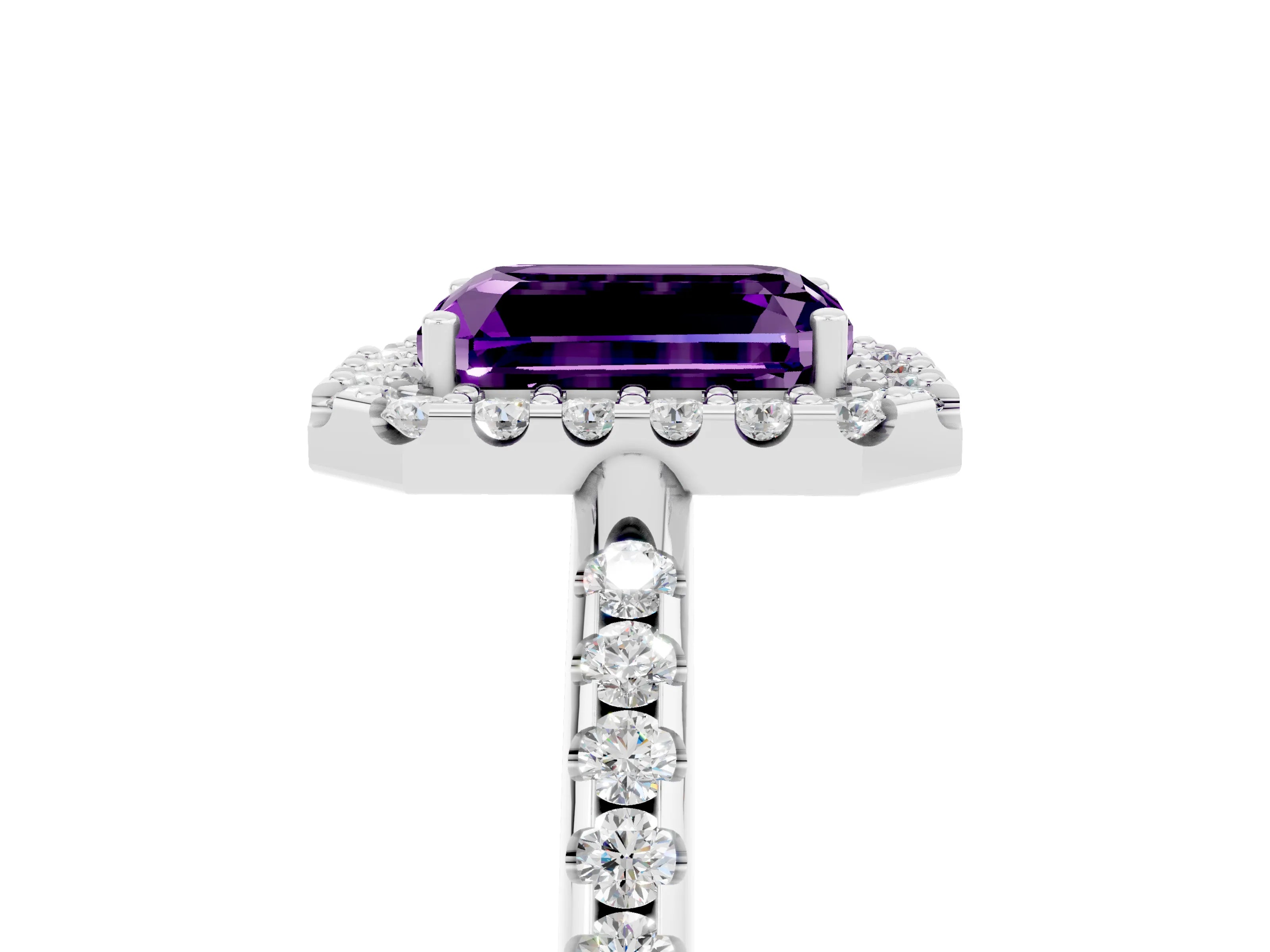 White gold Emerald Cut Amethyst Pavé Halo Ring with Four-Prong Setting_17