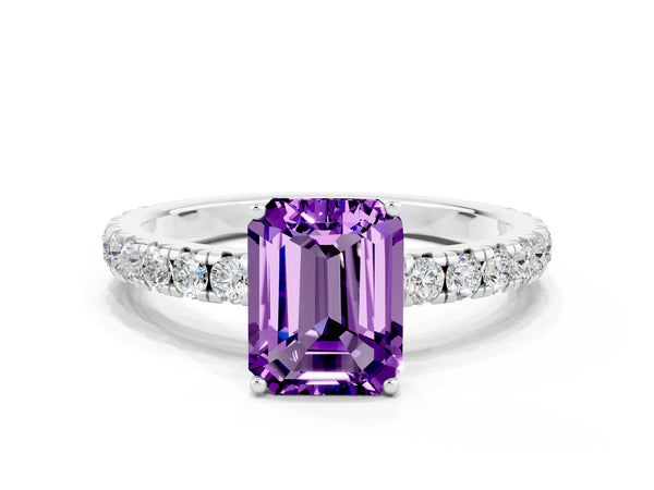 Platinum Emerald Cut Amethyst Pavé Solitaire Engagement Ring with Four-Prong Setting