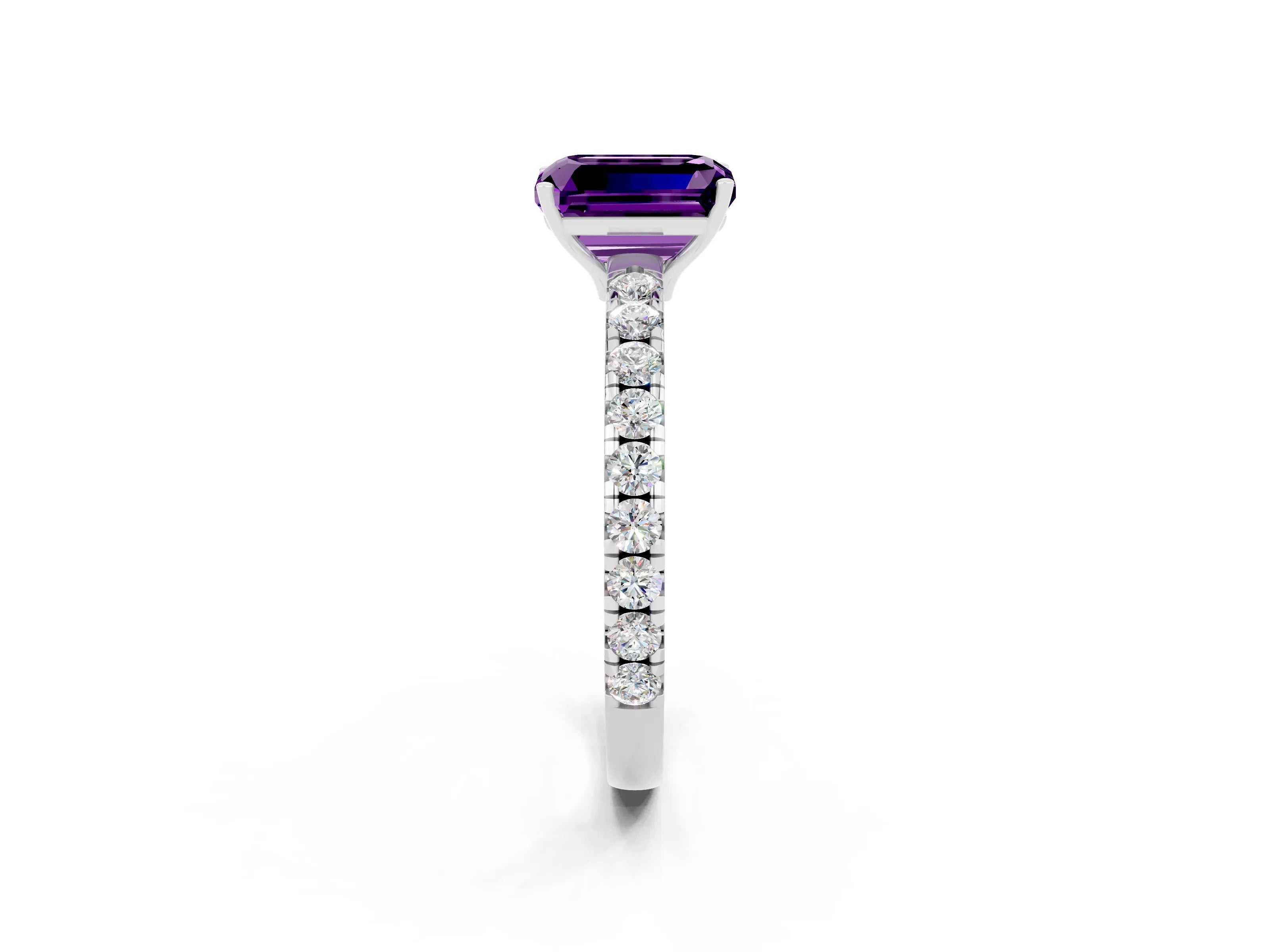 White gold Emerald Cut Amethyst Pavé Solitaire Engagement Ring with Four-Prong Setting_14