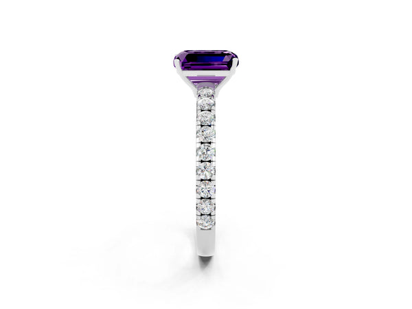 Silver Emerald Cut Amethyst Pavé Solitaire Engagement Ring with Four-Prong Setting