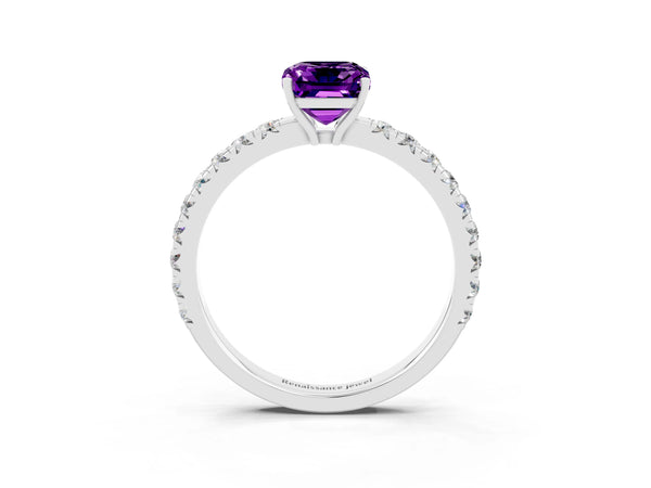 Platinum Emerald Cut Amethyst Pavé Solitaire Engagement Ring with Four-Prong Setting