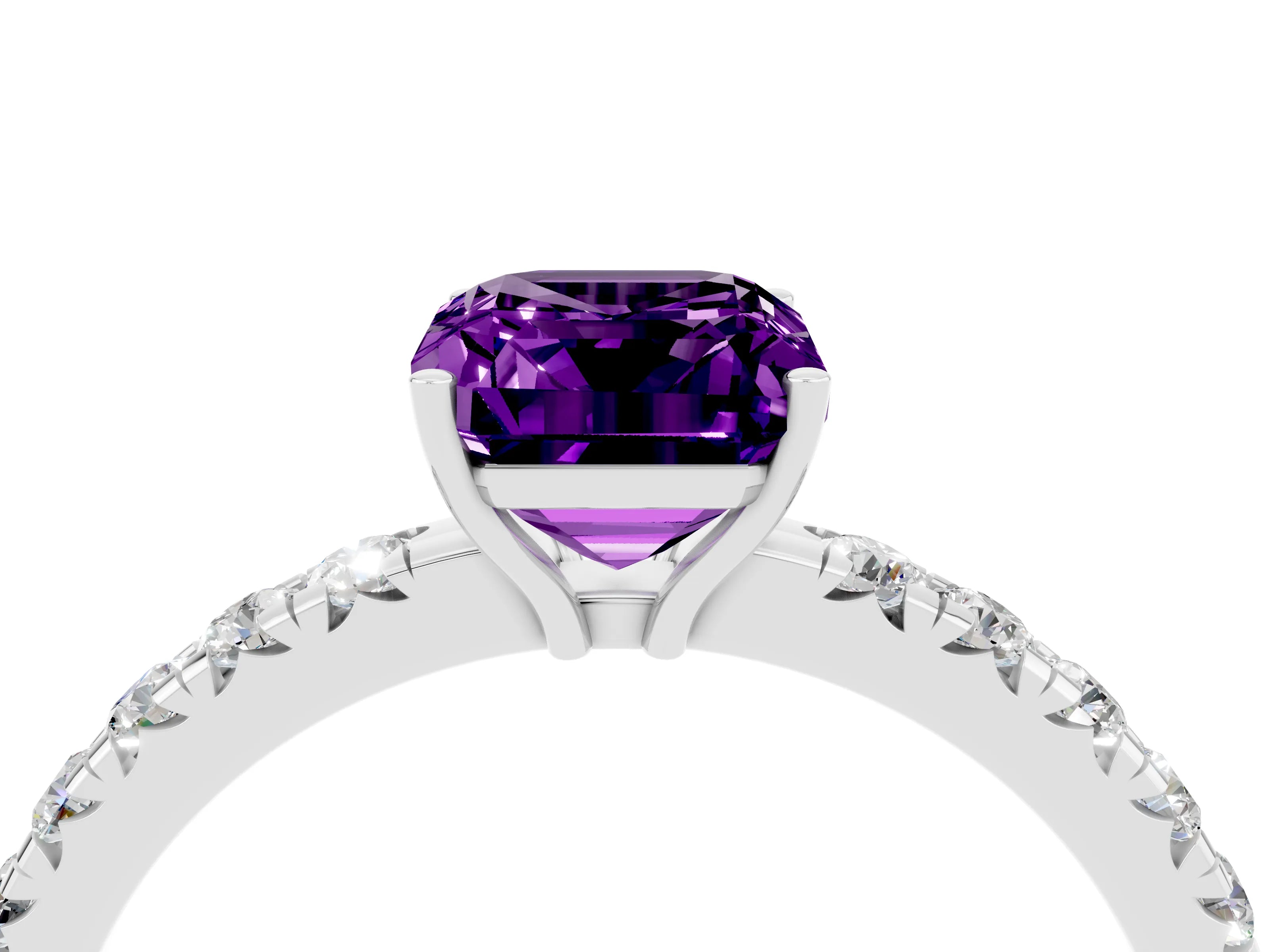 White gold Emerald Cut Amethyst Pavé Solitaire Engagement Ring with Four-Prong Setting_16