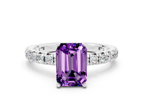 Platinum Emerald Cut Amethyst Pavé Solitaire Ring with Round Band and Prong Setting