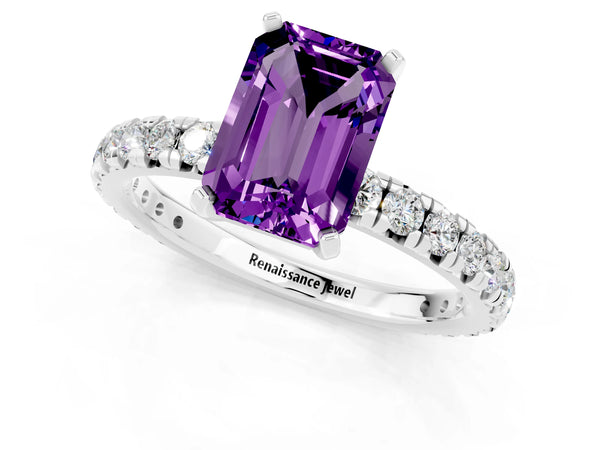Platinum Emerald Cut Amethyst Pavé Solitaire Ring with Round Band and Prong Setting