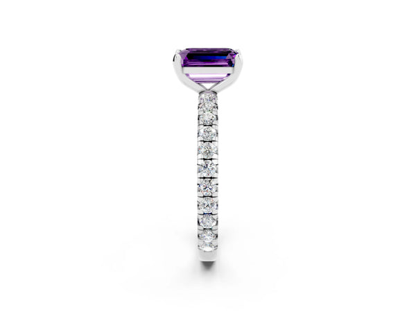 White gold Emerald Cut Amethyst Pavé Solitaire Ring with Round Band and Prong Setting