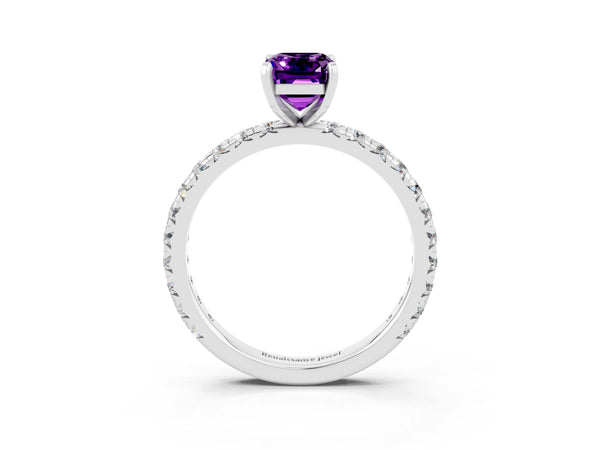 Platinum Emerald Cut Amethyst Pavé Solitaire Ring with Round Band and Prong Setting