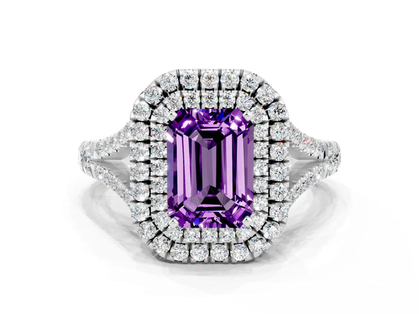 Platinum Emerald Cut Amethyst Pavé Split Shank Double Halo Engagement Ring