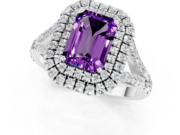 Platinum Emerald Cut Amethyst Pavé Split Shank Double Halo Engagement Ring