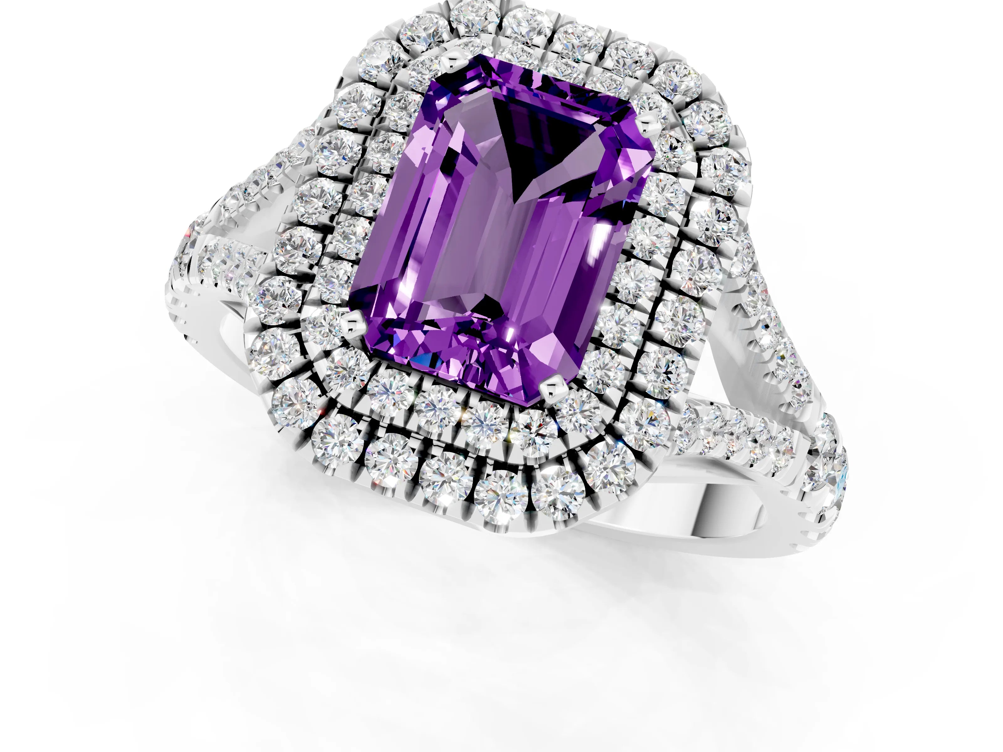 White gold Emerald Cut Amethyst Pavé Split Shank Double Halo Engagement Ring_1
