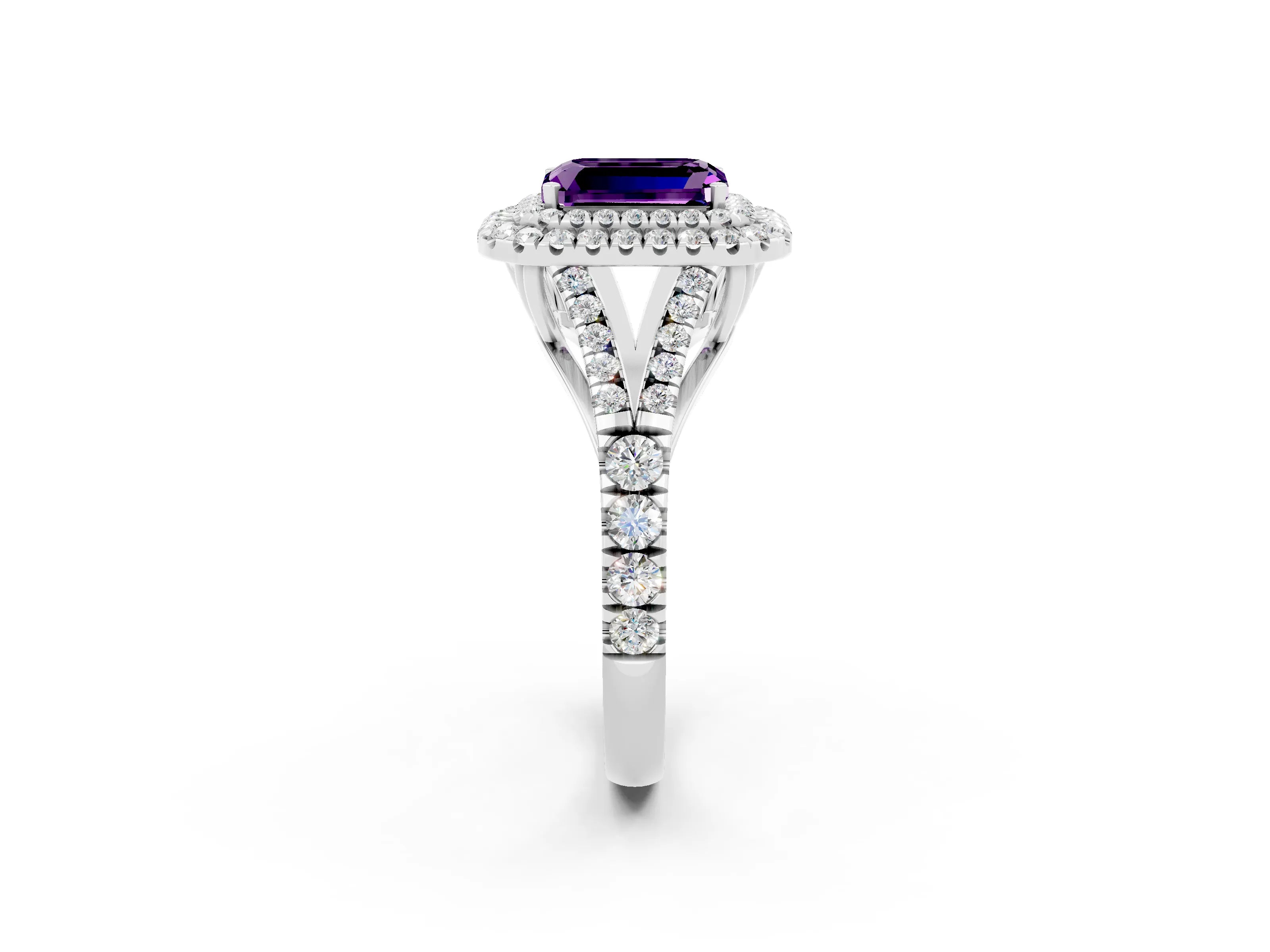 White gold Emerald Cut Amethyst Pavé Split Shank Double Halo Engagement Ring_2