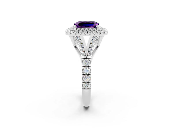 Silver Emerald Cut Amethyst Pavé Split Shank Double Halo Engagement Ring
