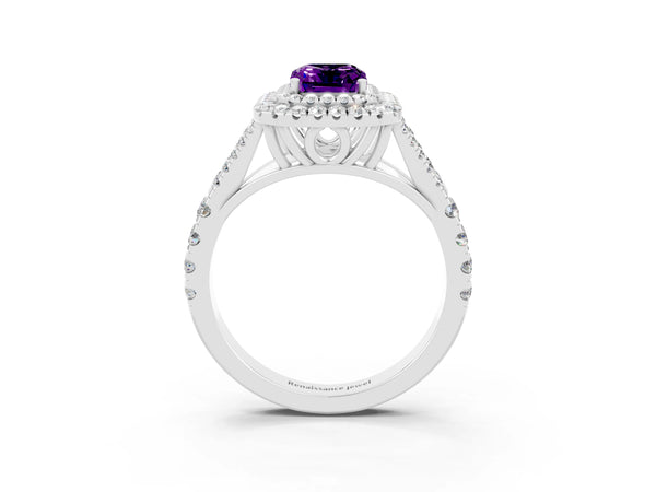 Platinum Emerald Cut Amethyst Pavé Split Shank Double Halo Engagement Ring