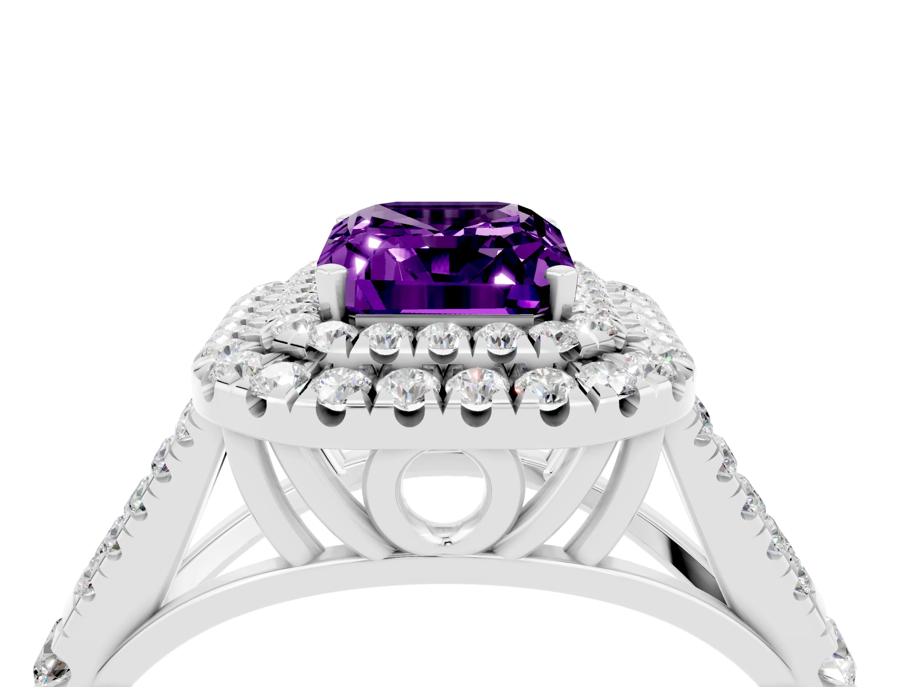 White gold Emerald Cut Amethyst Pavé Split Shank Double Halo Engagement Ring_4