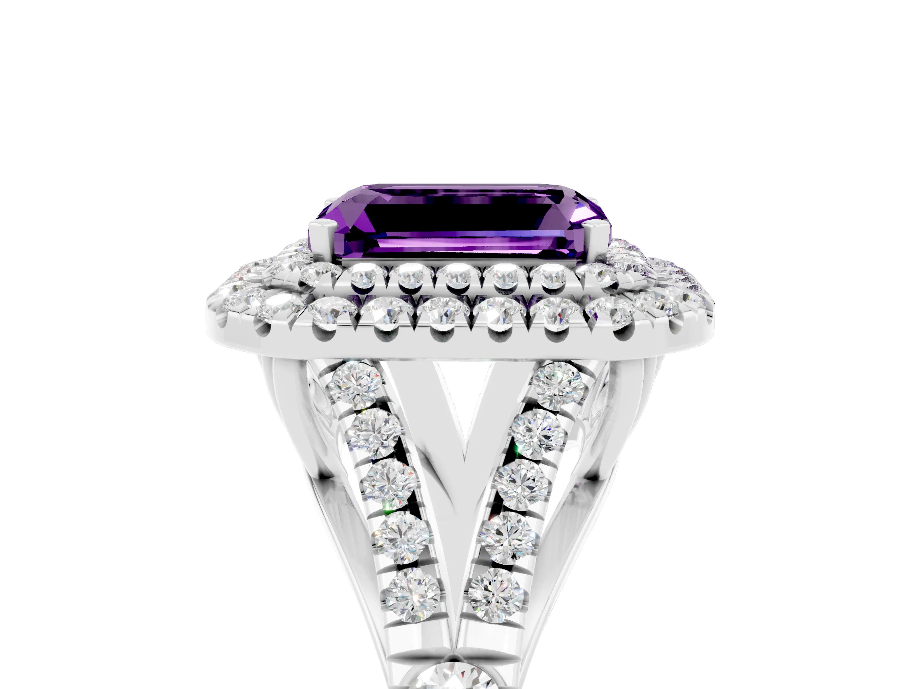 White gold Emerald Cut Amethyst Pavé Split Shank Double Halo Engagement Ring_5