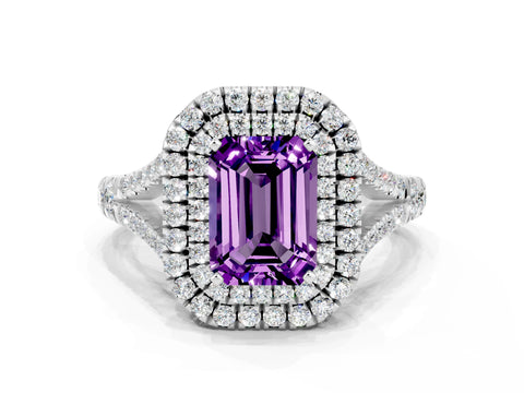 White gold Emerald Cut Amethyst Pavé Split Shank Double Halo Engagement Ring