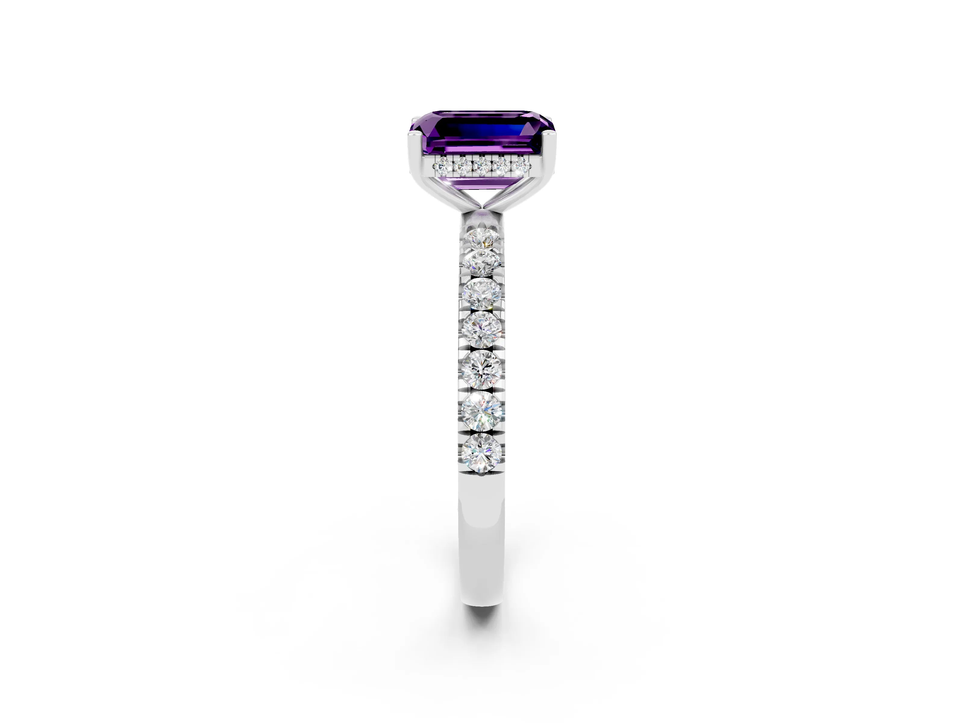 White gold Emerald Cut Amethyst Pave Band Solitaire Ring with Four-Prong Setting_26