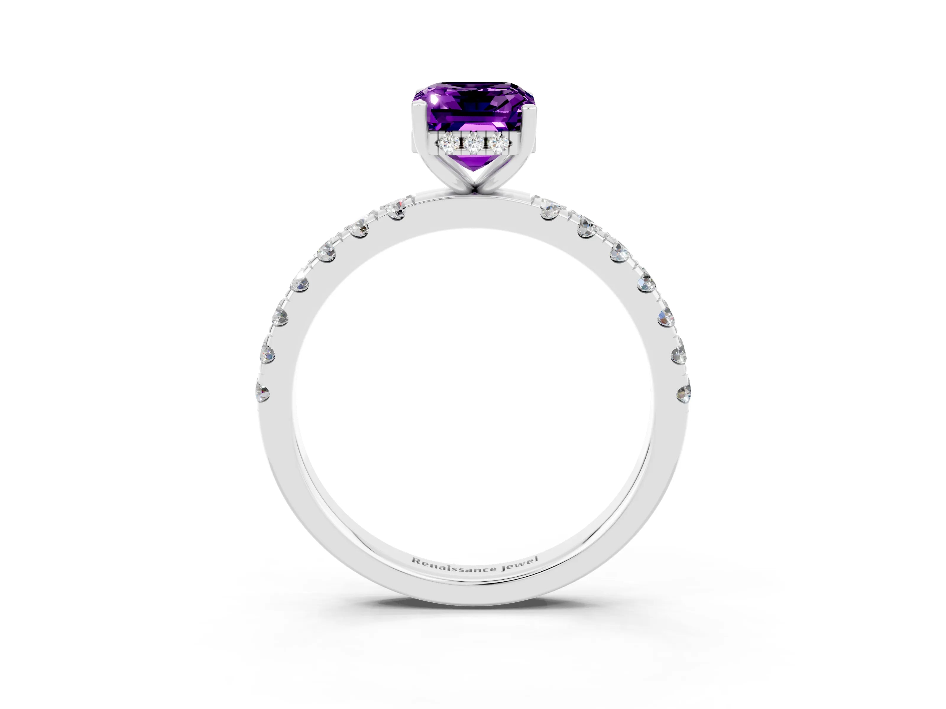 White gold Emerald Cut Amethyst Pave Band Solitaire Ring with Four-Prong Setting_27