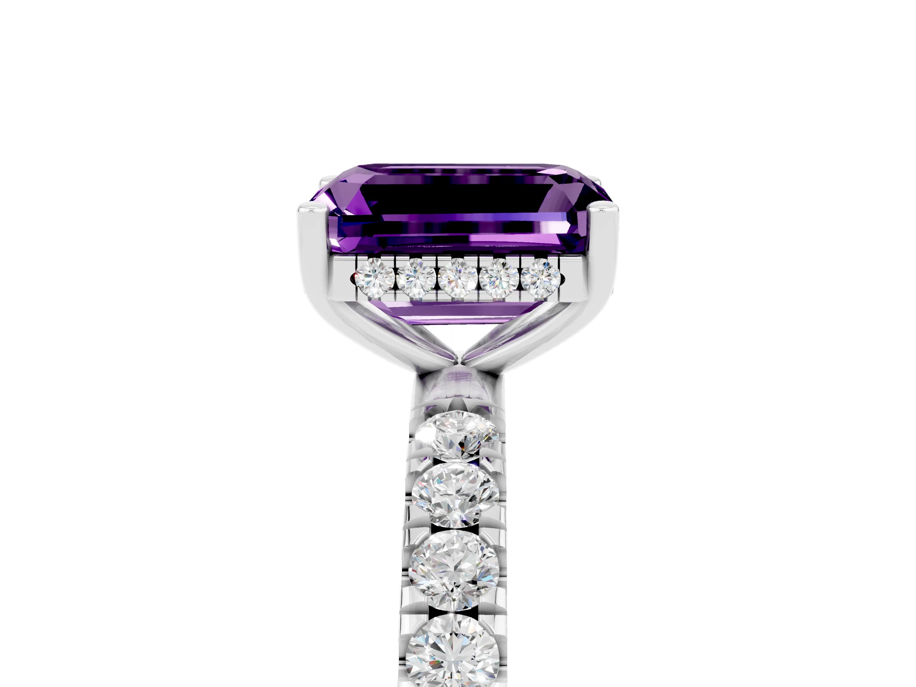 White gold Emerald Cut Amethyst Pave Band Solitaire Ring with Four-Prong Setting_29